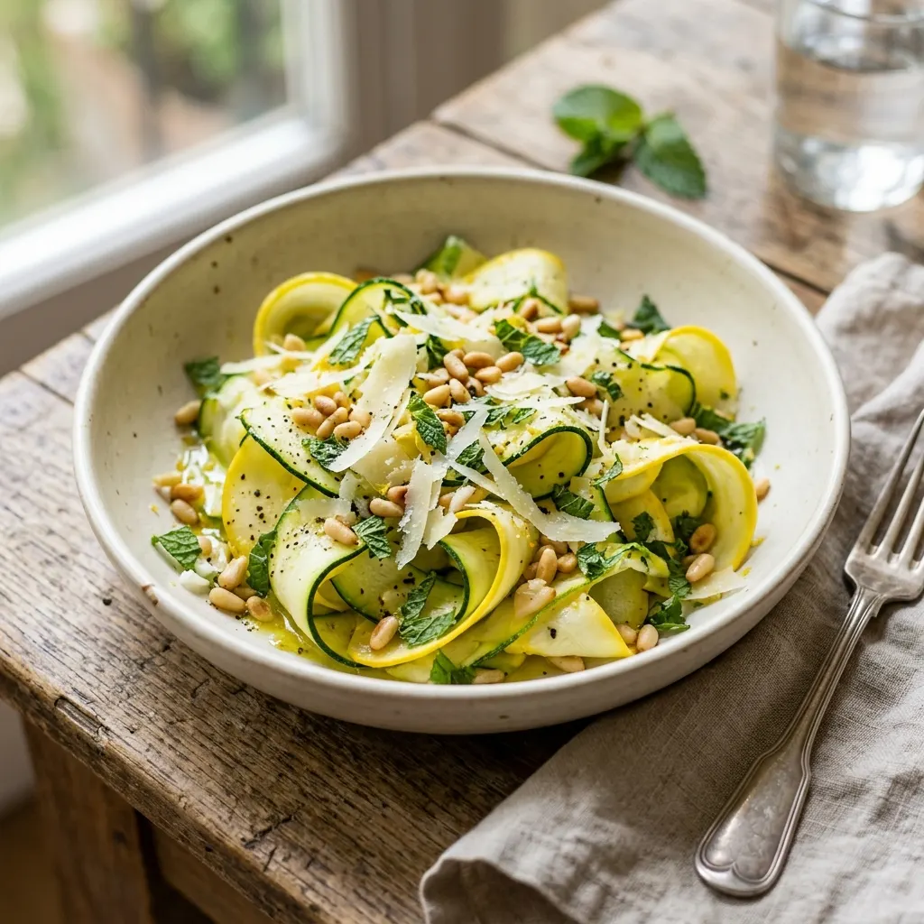 Salade de courgettes crues, pignons, parmesan et menthe
