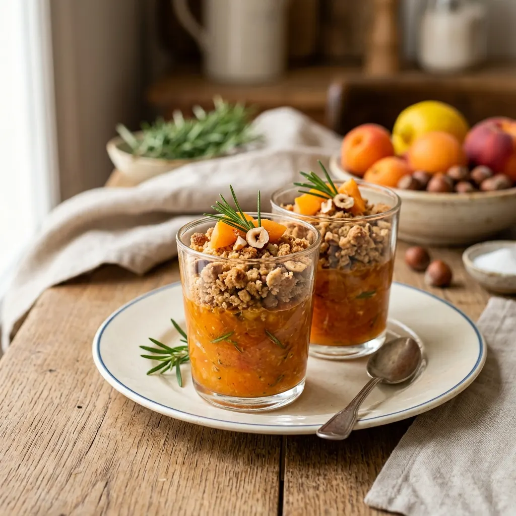 Verrines abricot-pêche au romarin et crumble noisette