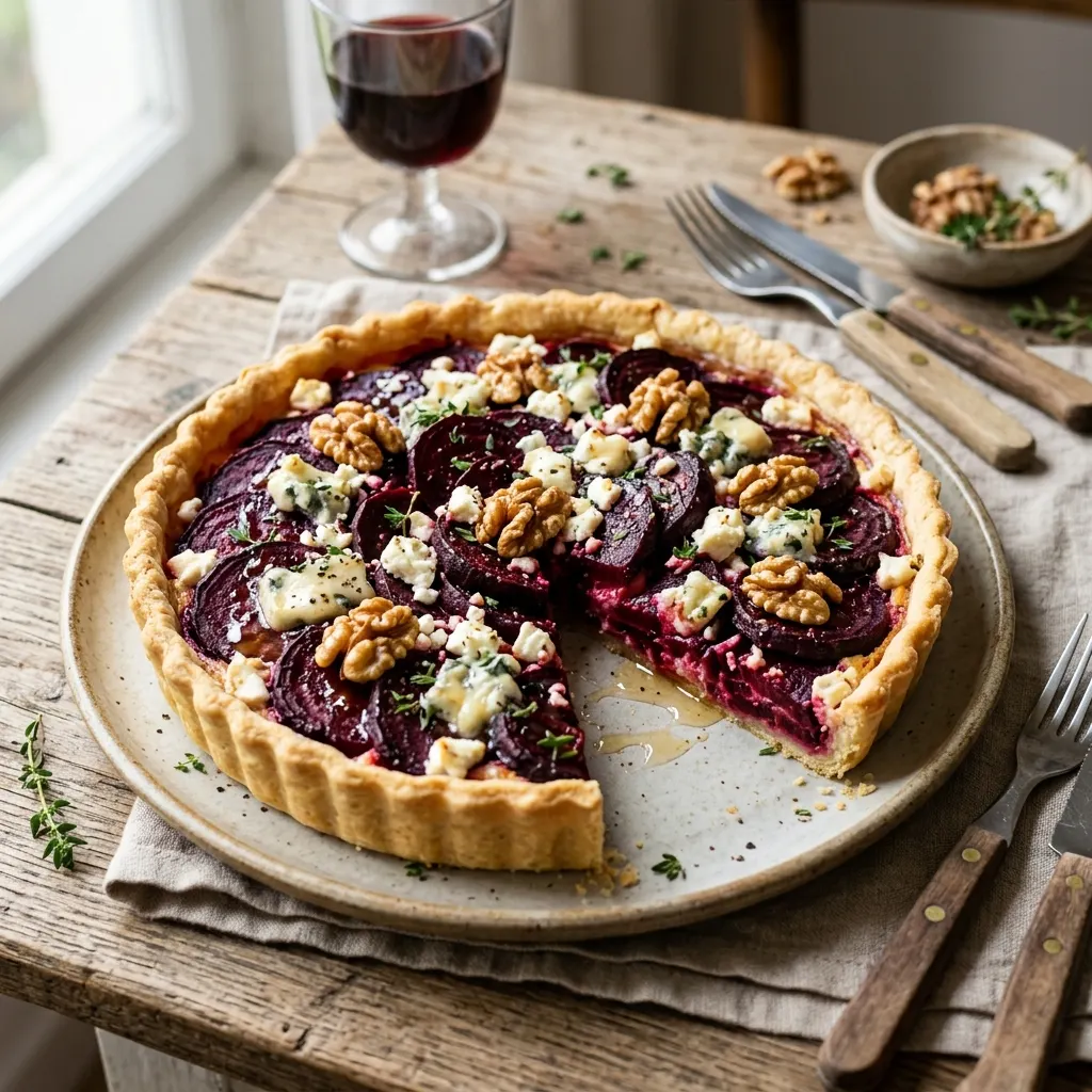 Tarte à la betterave, noix, feta et bleu