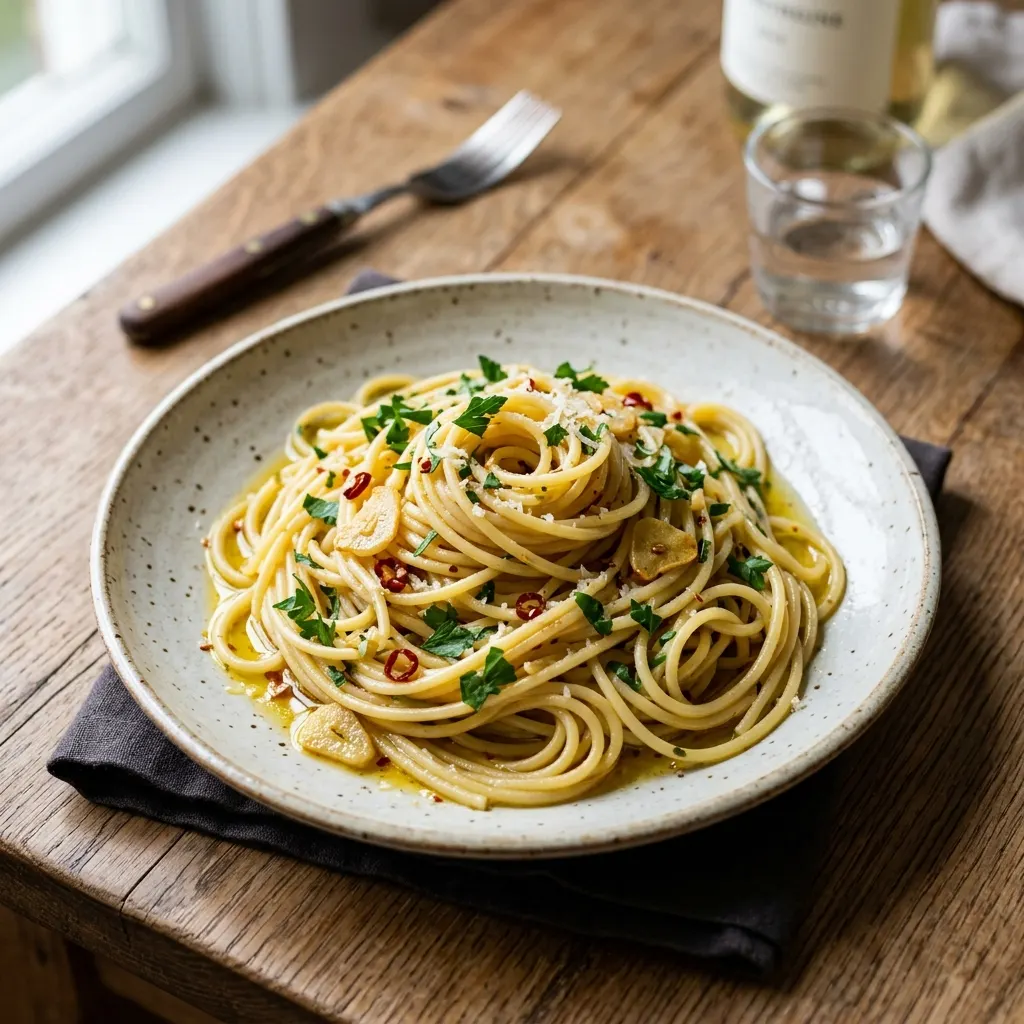 Spaghetti aglio e olio (spaghetti à l'ail, huile d'olive et piment)