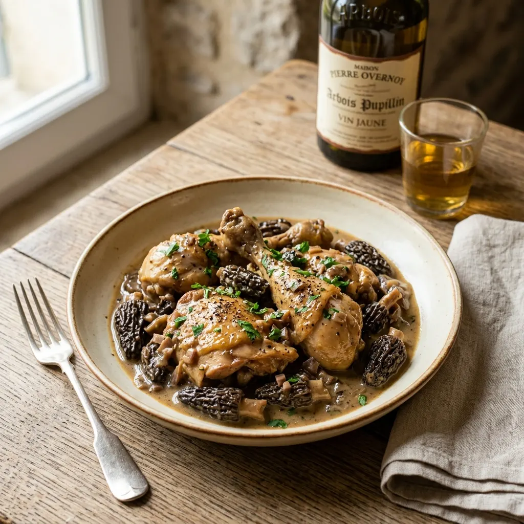 Poulet au vin jaune et aux morilles