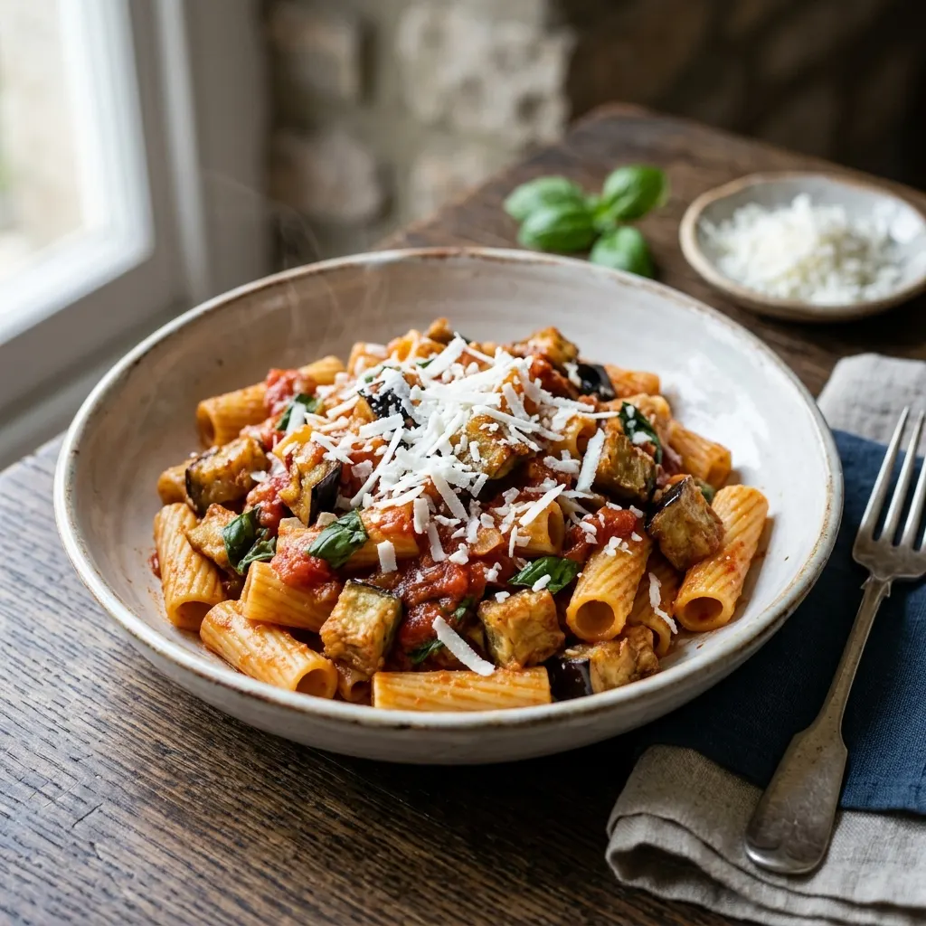 Pasta alla Norma (pâtes catanaises aux aubergines frites et à la ricotta salata)