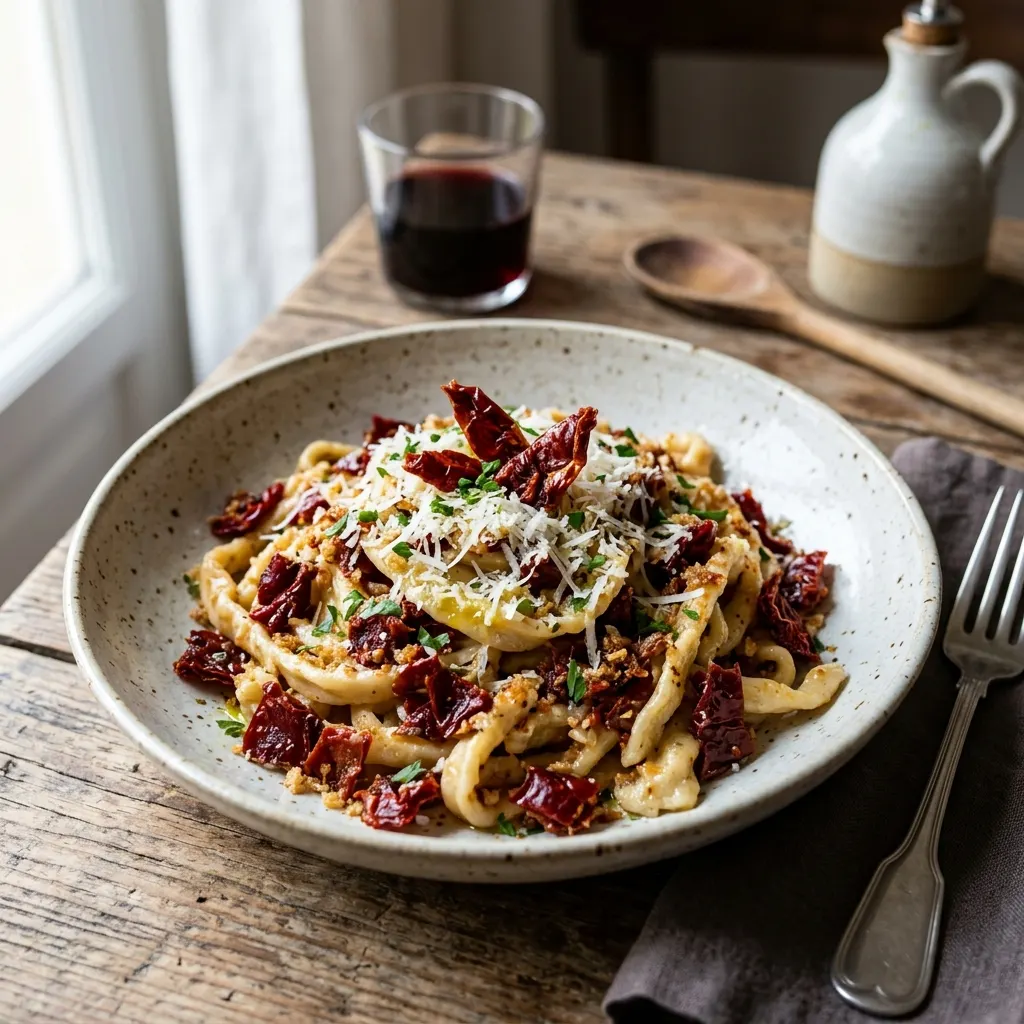 Strascinati ai peperoni cruschi (pâtes lucaniennes aux poivrons doux séchés)
