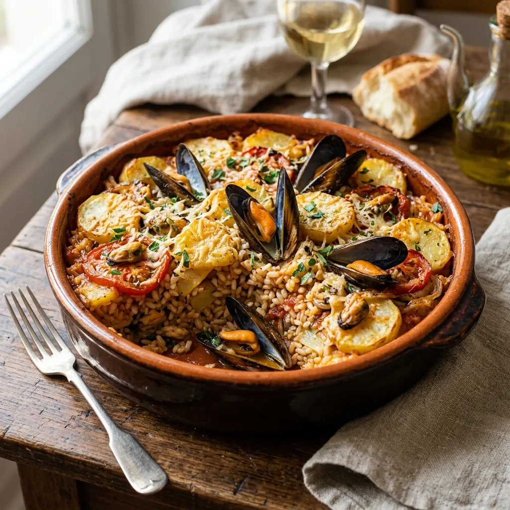 Tiella barese (gratin de riz, pommes de terre et moules de Bari)