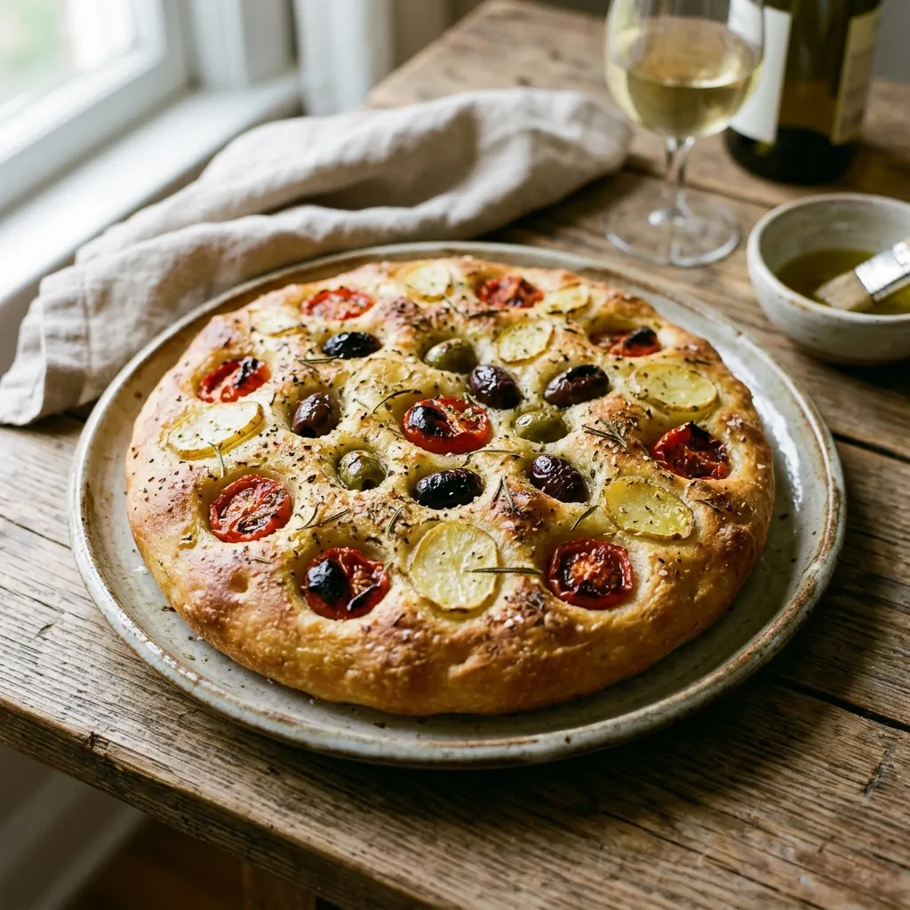 Focaccia barese (focaccia de Bari à la pomme de terre, tomates et olives)