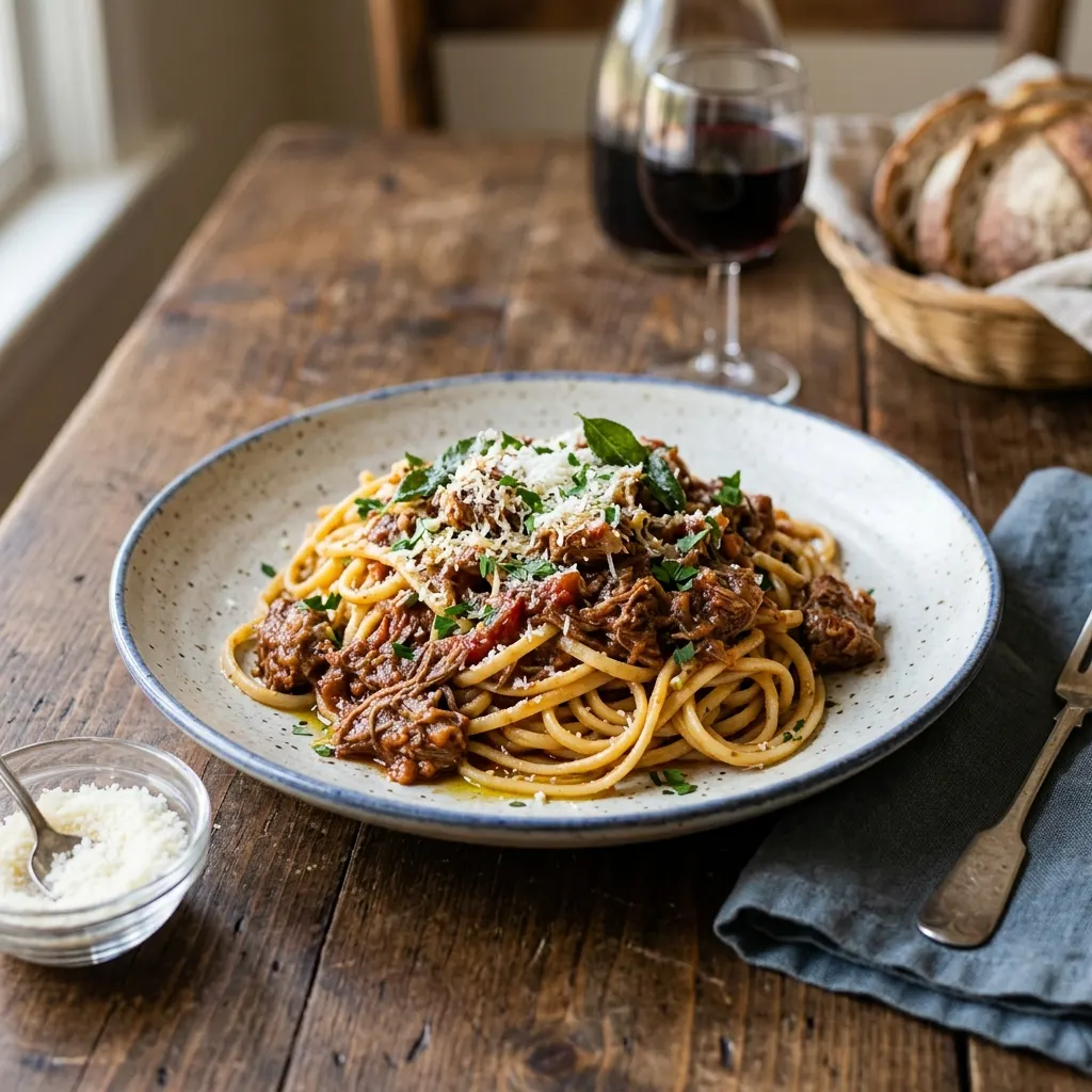 Spaghetti alla chitarra all'abruzzese (spaghetti à la guitare, ragù d'agneau et de porc)