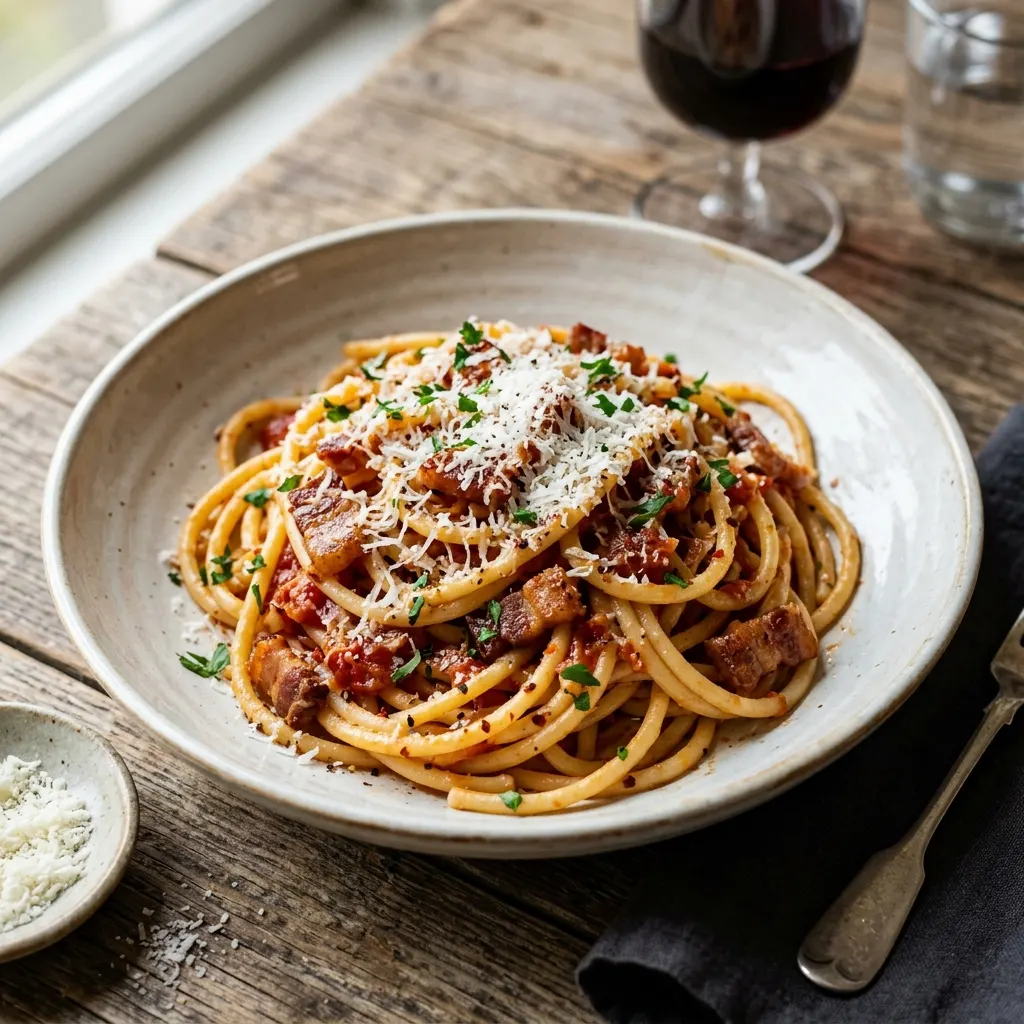 Bucatini all'amatriciana (bucatini au guanciale, à la tomate et au pecorino)