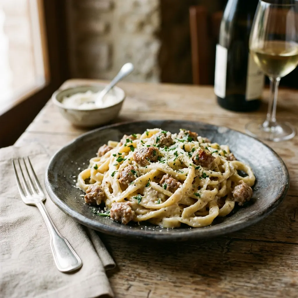 Strangozzi alla norcina (pâtes ombriennes à la saucisse et à la crème)