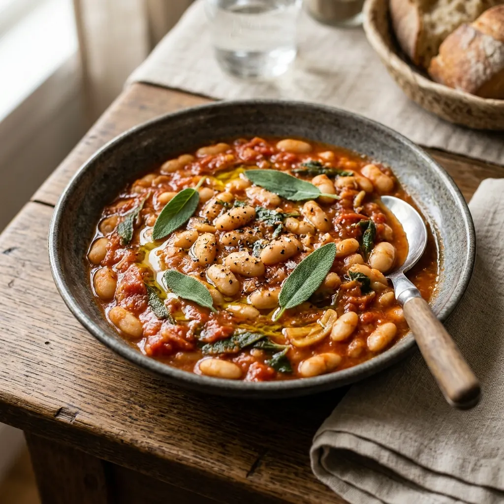 Fagioli all'uccelletto (haricots blancs à la sauge et à la tomate)