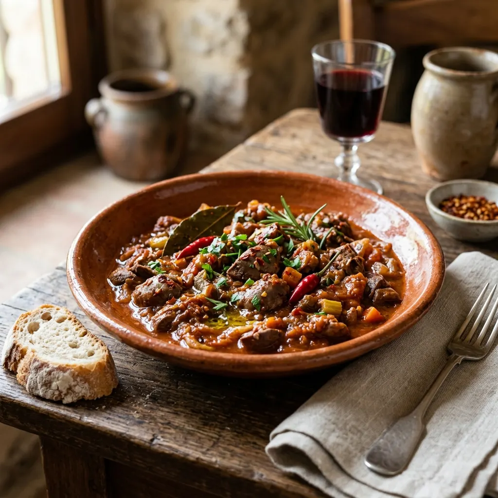 Soffritto molisano (ragoût d'abats de porc au piment et au concentré de tomate)