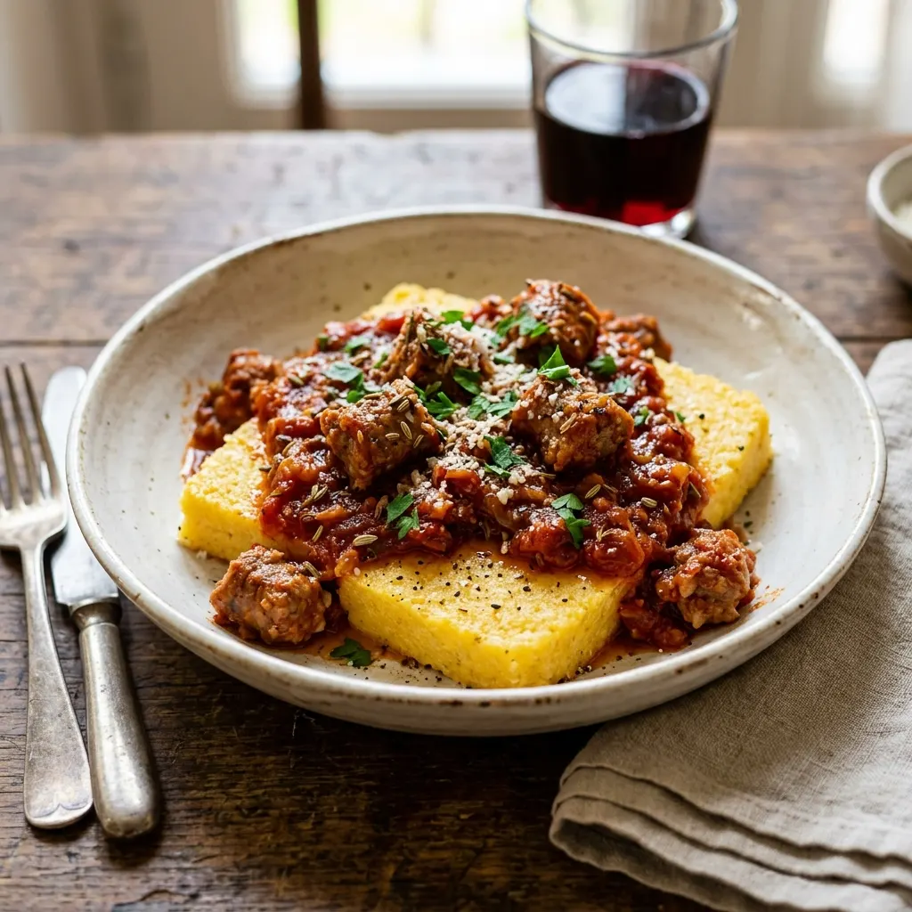 Polenta molisana (polenta compacte à la sauce tomate aux saucisses au fenouil)