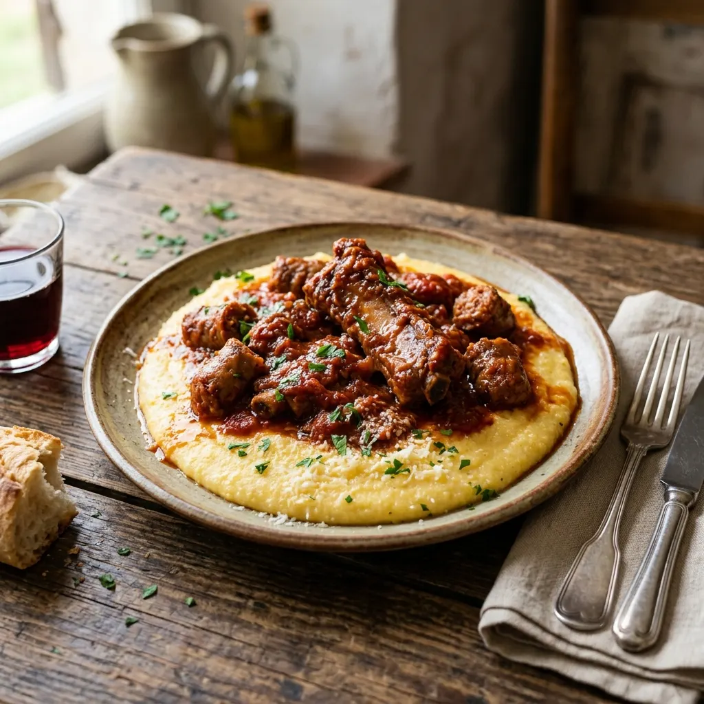 Polenta con le spuntature (polenta abruzzaise aux travers de porc et à la saucisse)