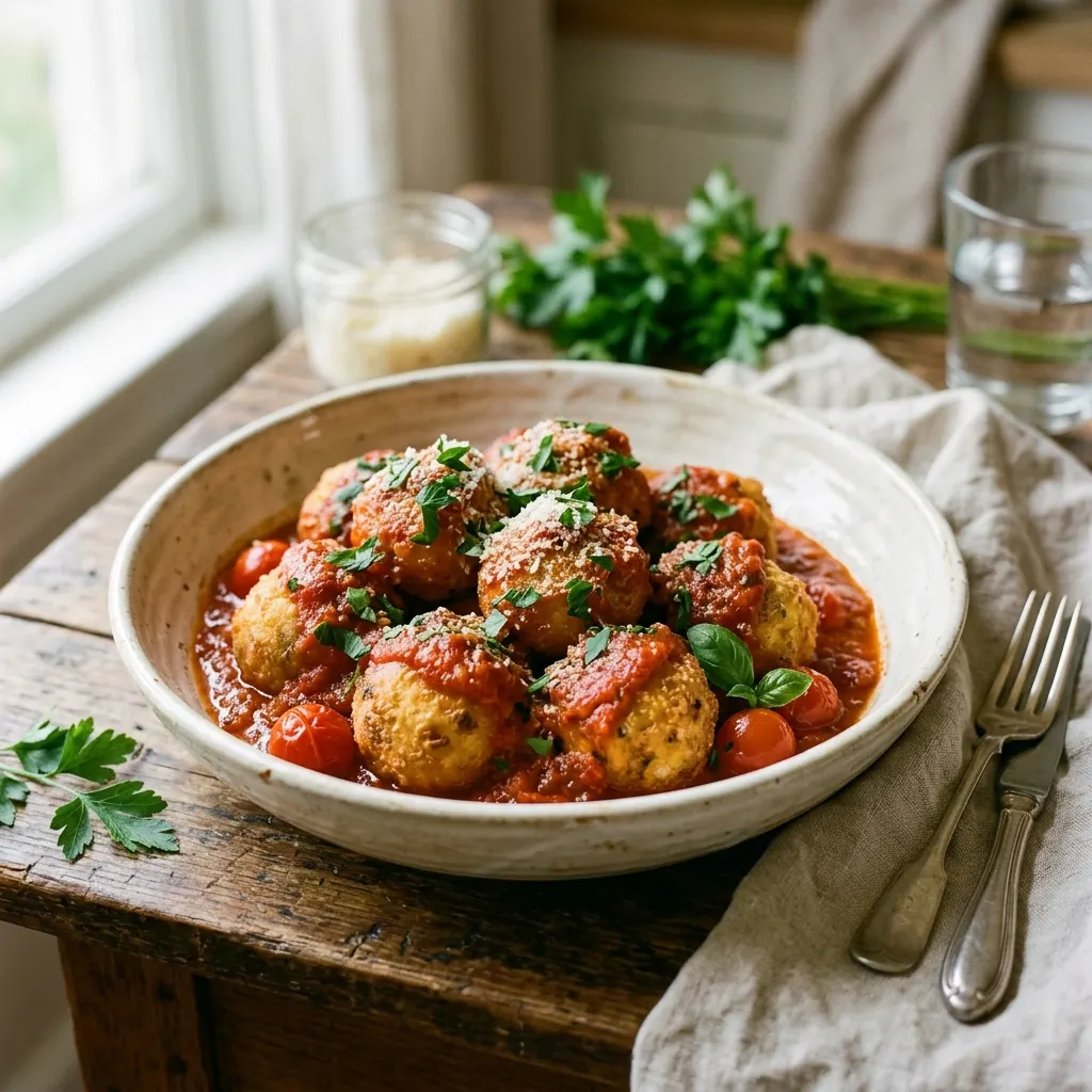 Pallotte cacio e ova (boulettes de pecorino et d'œuf à la sauce tomate)