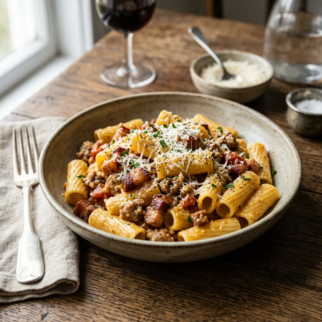 Rigatoni alla zozzona (rigatoni romains à la saucisse, au guanciale et à l'œuf)