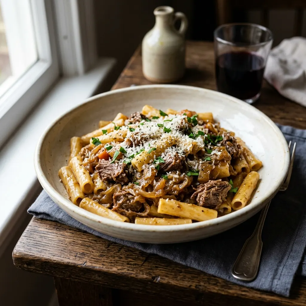 Ziti tritati alla genovese (ziti cassés à la sauce napolitaine aux oignons confits)