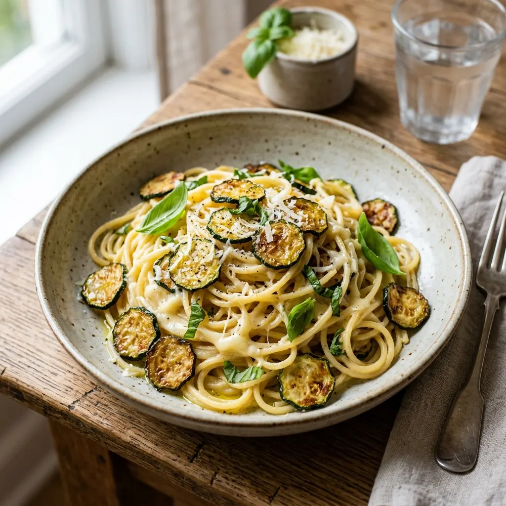Spaghetti alla Nerano (spaghetti aux courgettes frites et au provolone)