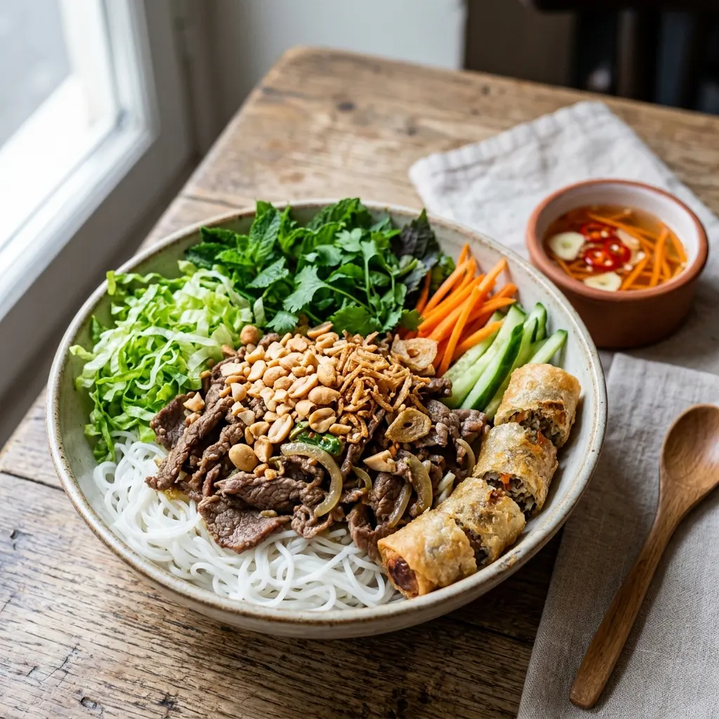 Bún bò Nam Bộ (bo bun au bœuf citronnelle, nems et herbes fraîches)