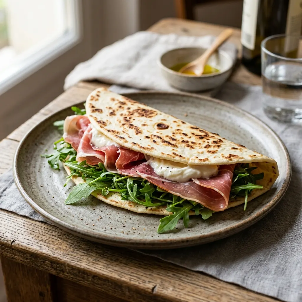Piadina crudo, squacquerone e rucola (piadina au jambon cru, au fromage frais et à la roquette)