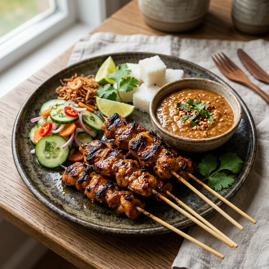 Satay ayam (brochettes de poulet mariné, sauce cacahuète et acar de concombre)