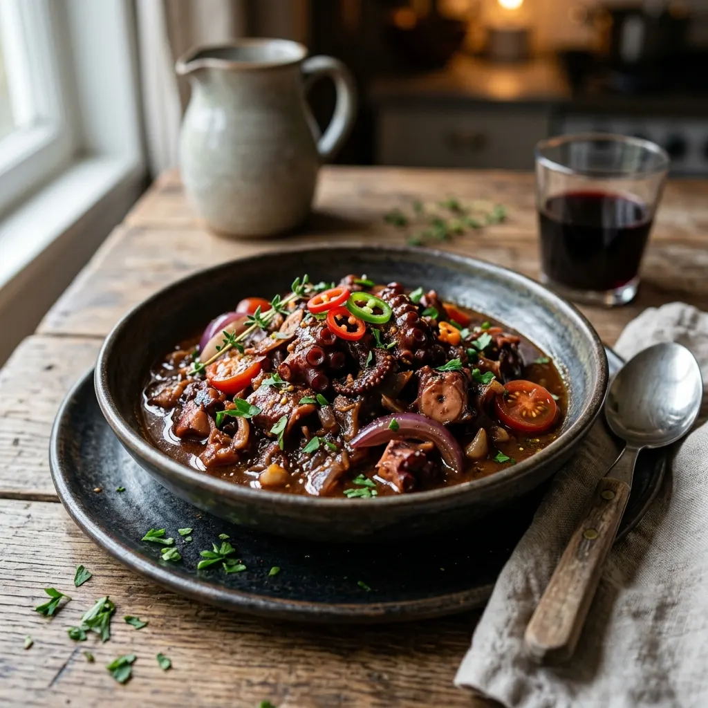 Civet de zourite (poulpe réunionnais au vin rouge)