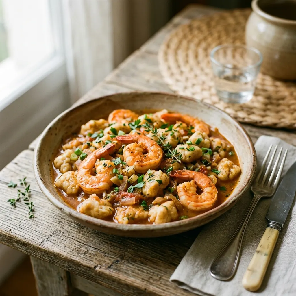 Dombrés aux crevettes (boulettes de farine mijotées à la créole)