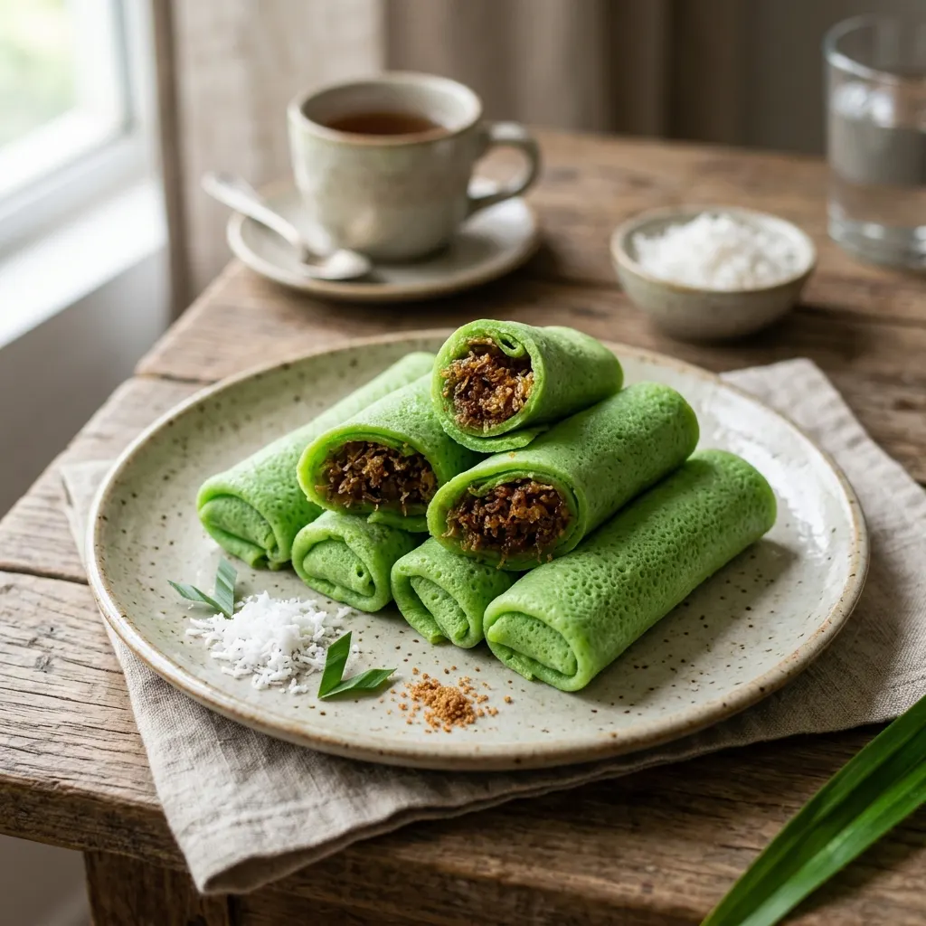 Kue dadar gulung (crêpes vertes roulées à la noix de coco)