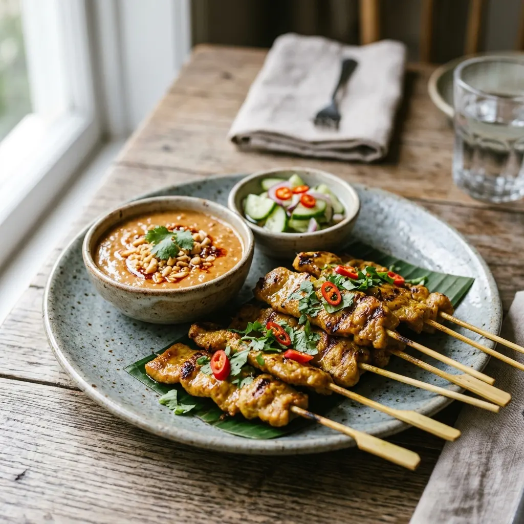 Moo satae (brochettes de porc au lait de coco, sauce cacahuète)
