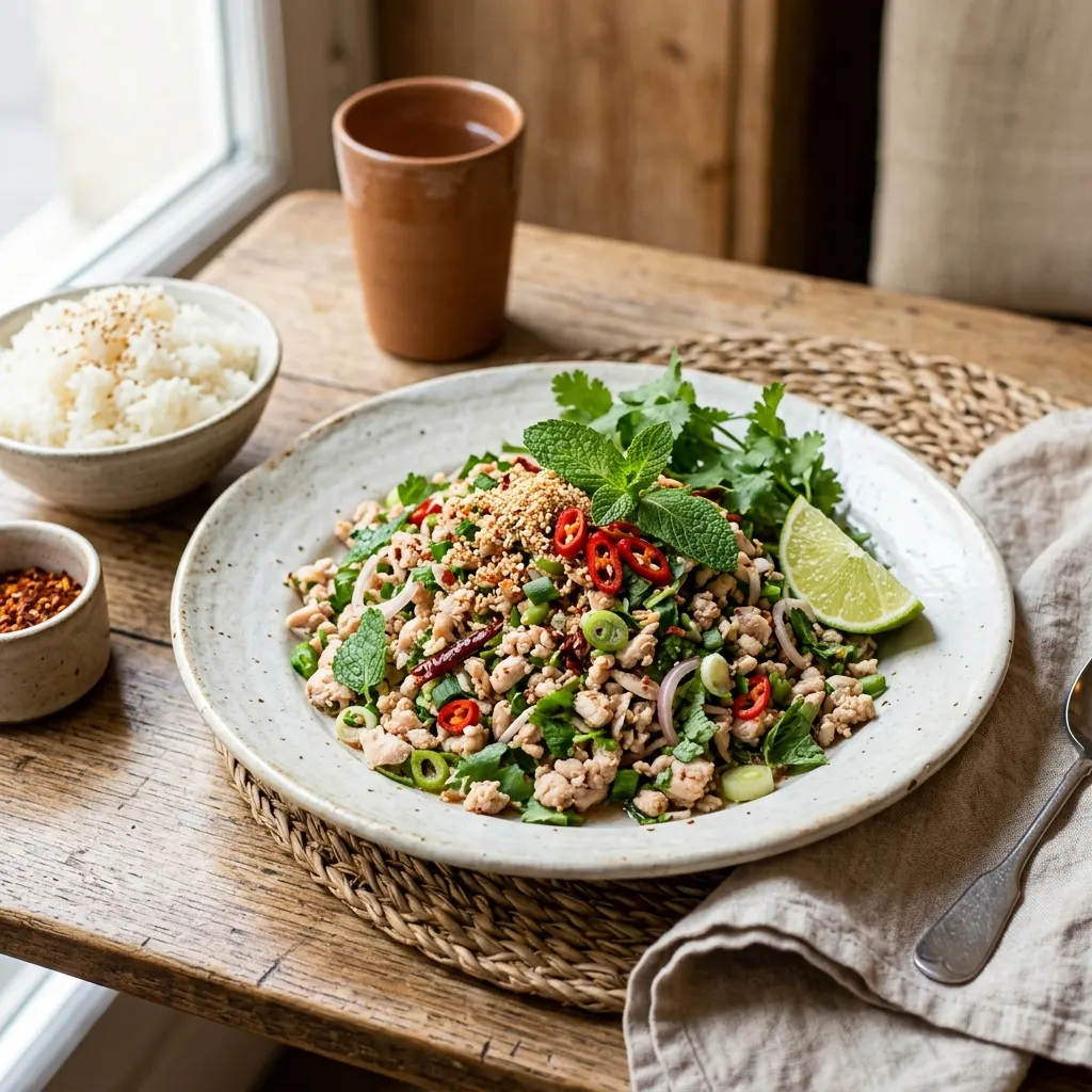 Laab kai (salade de poulet haché aux herbes et au riz grillé)