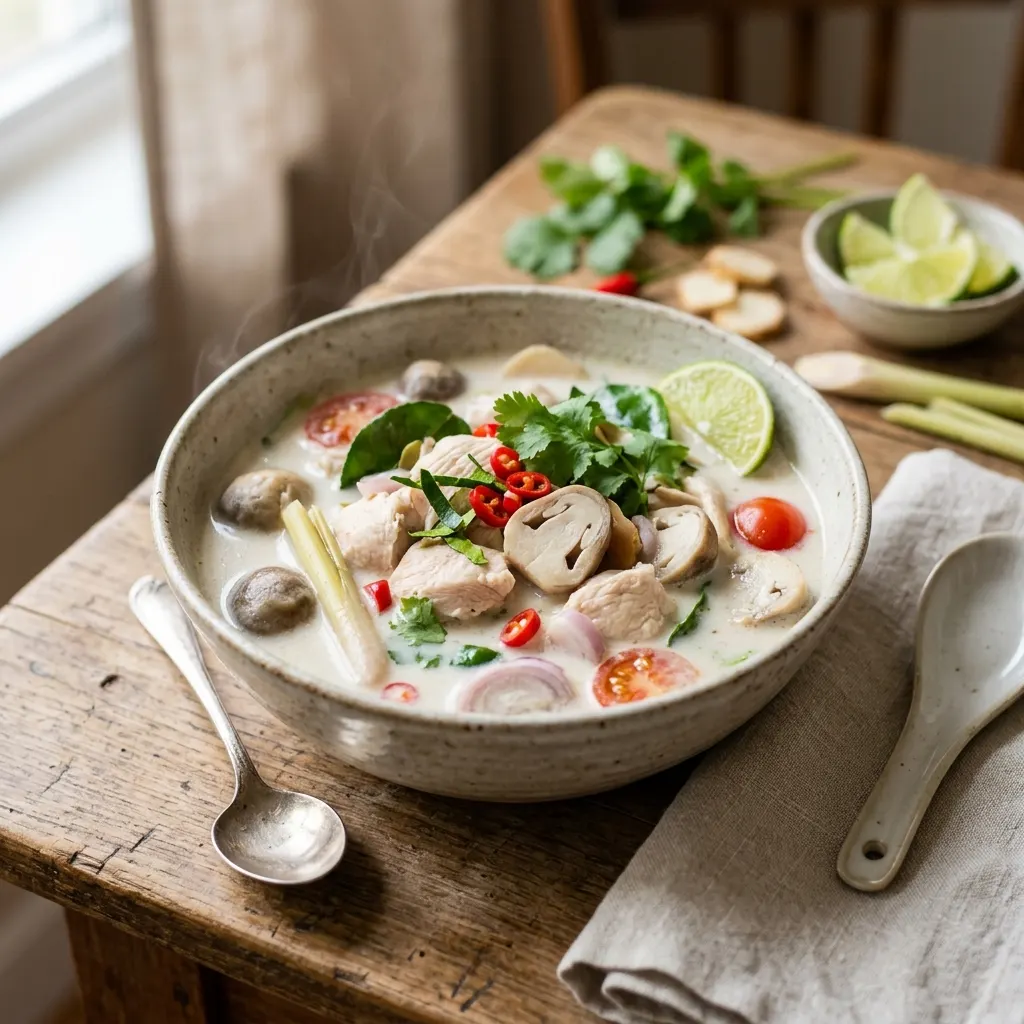 Tom kha gai (soupe de poulet au lait de coco et au galanga)
