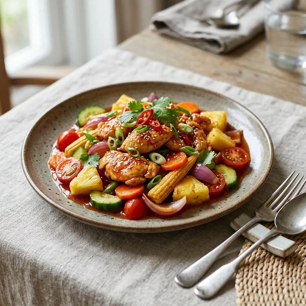 Pat preaw waan (sauté aigre-doux au poulet et à l'ananas)
