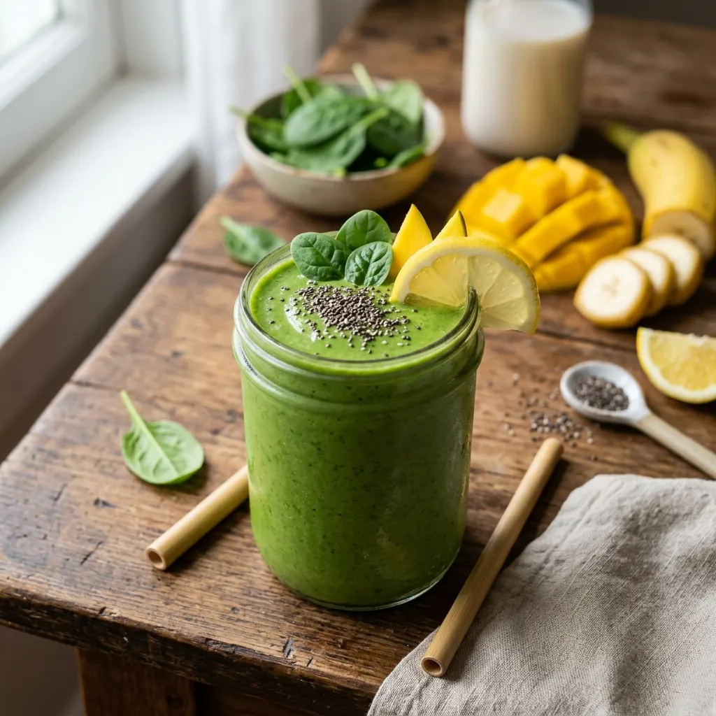 Smoothie vert épinards, banane et mangue