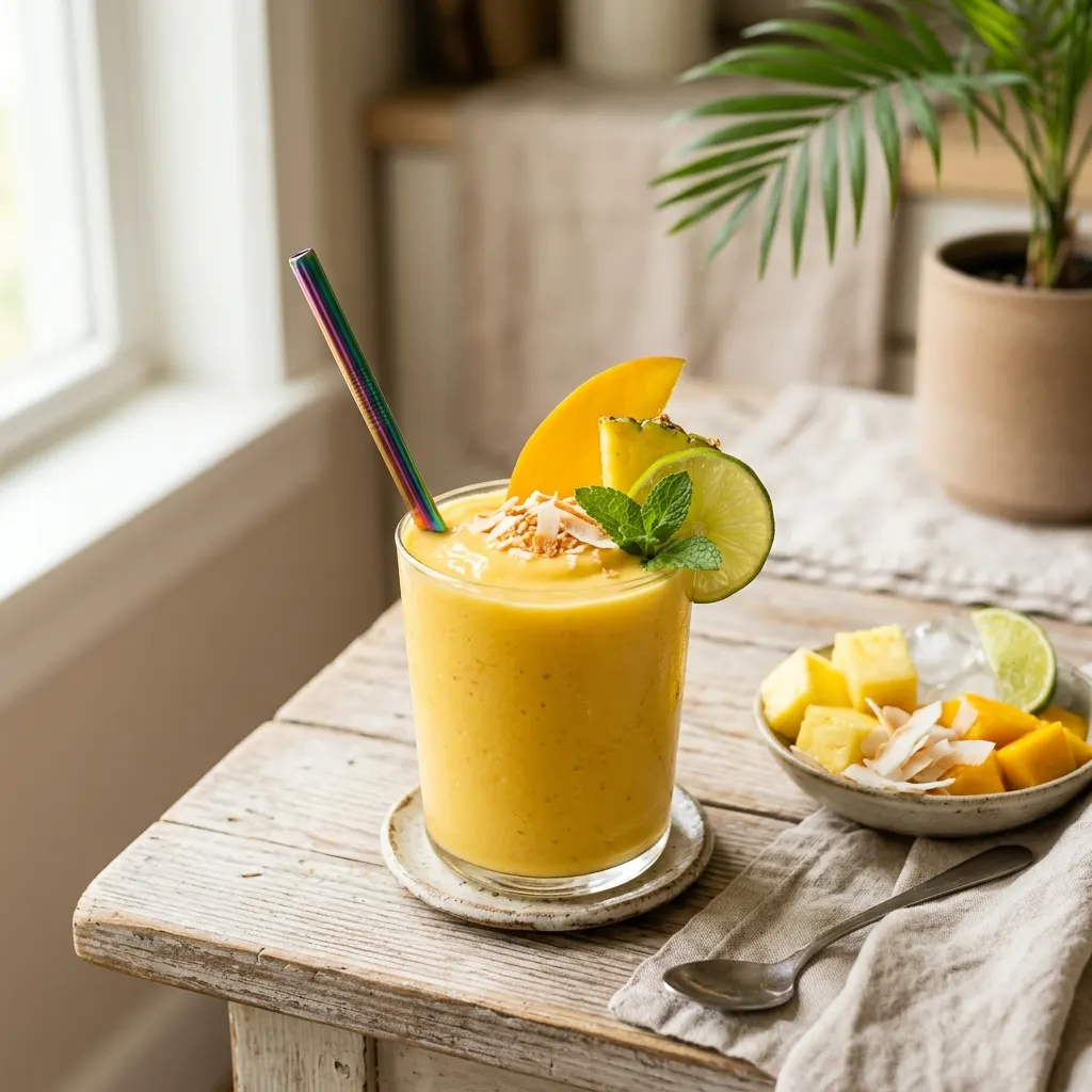 Smoothie tropical mangue, ananas et coco
