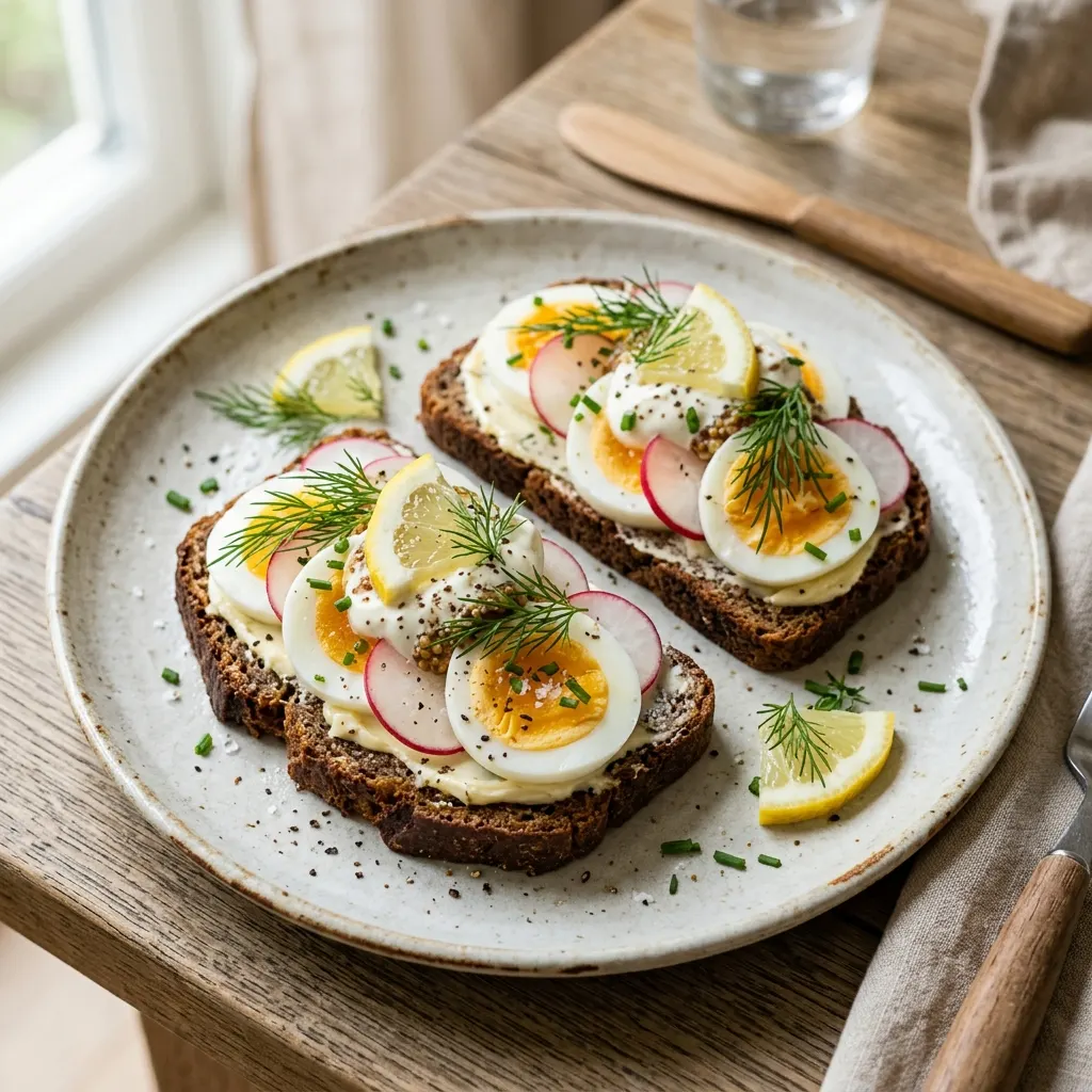 Smørrebrød à l'œuf dur, radis et aneth