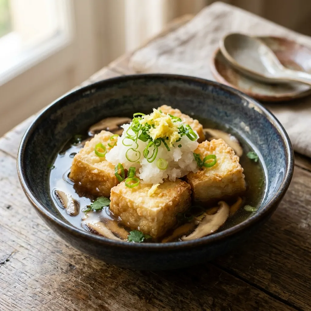 Agedashi dofu (tofu frit au bouillon de kombu et de shiitaké)