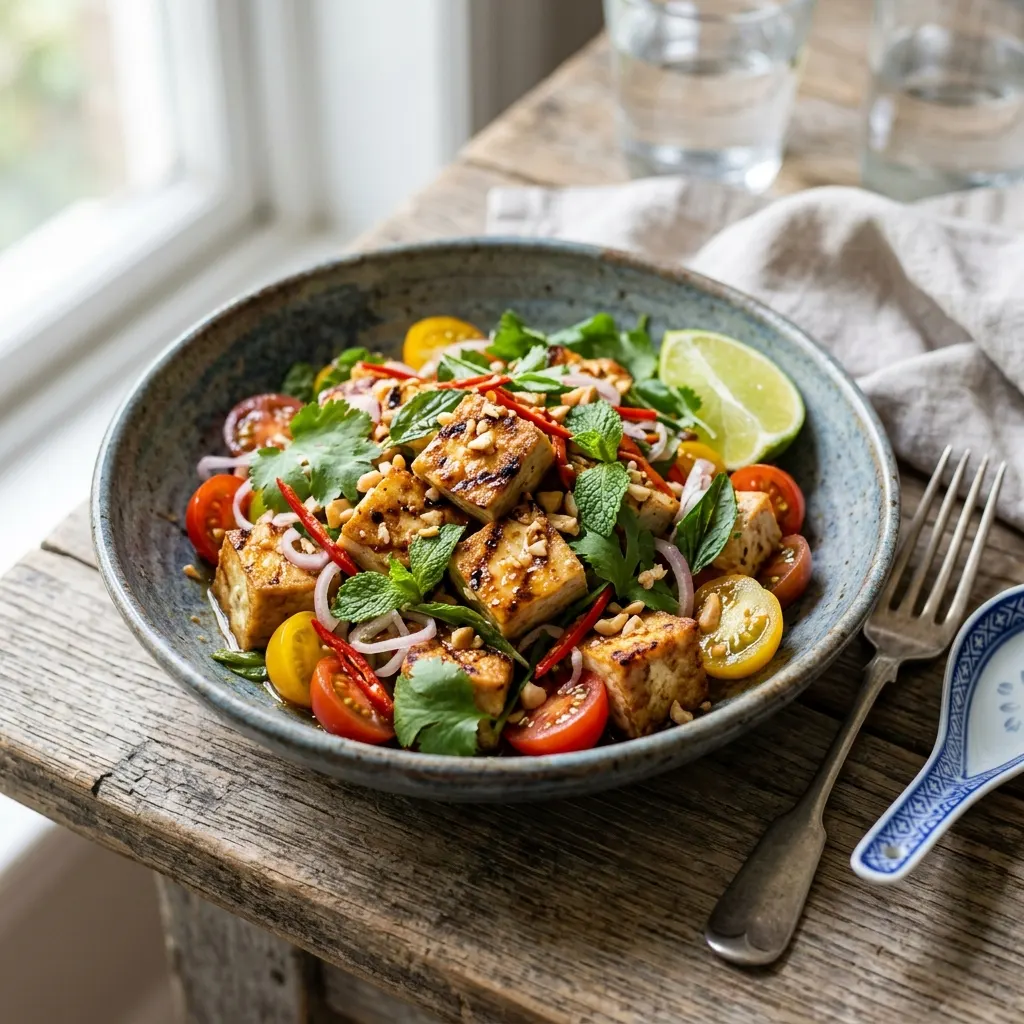 Yam taohu (salade thaïe de tofu grillé aux herbes)