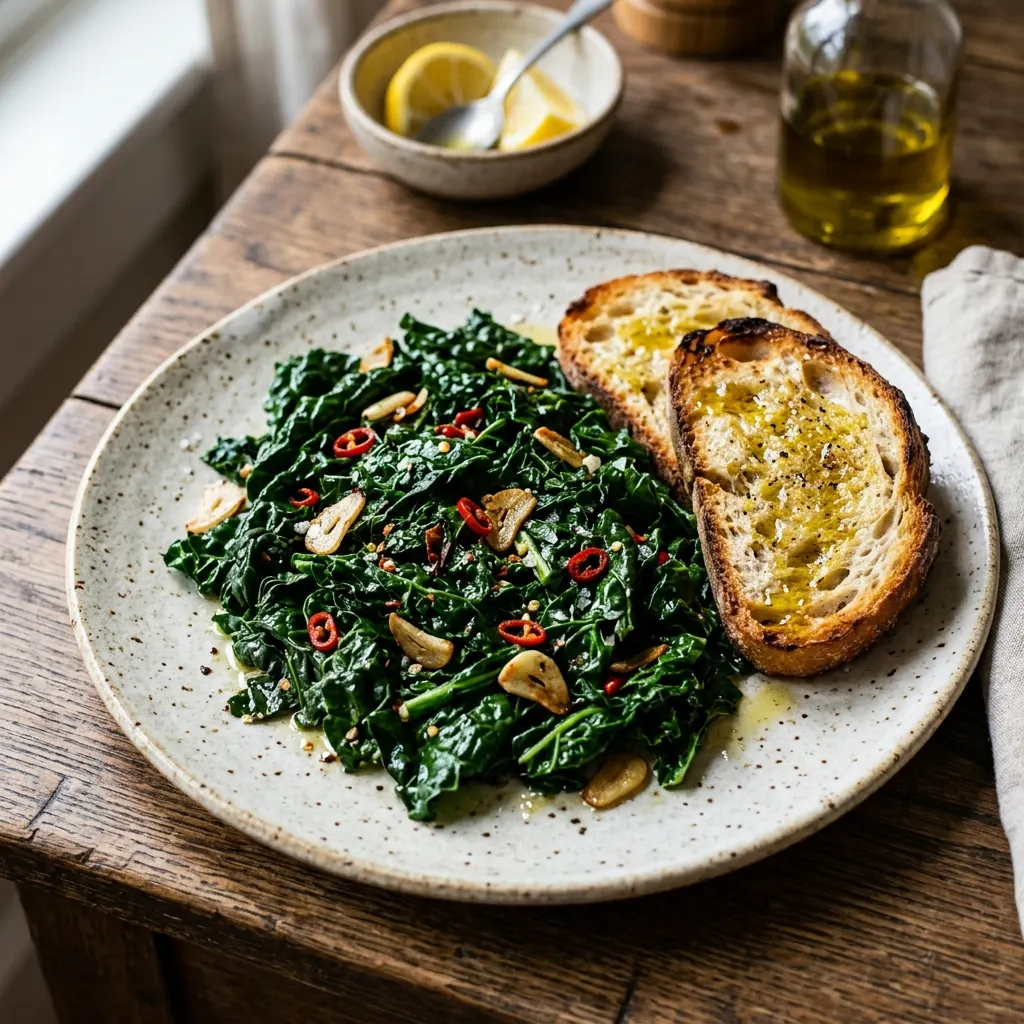 Cavolo nero saltato (chou kale sauté à l'ail et au piment)
