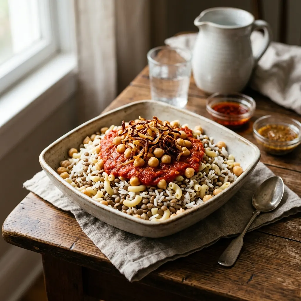 Koshari (riz, lentilles et macaronis à la sauce tomate)