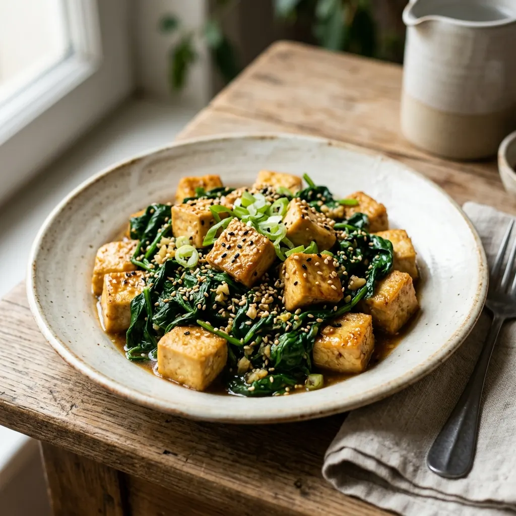 Tofu sauté aux épinards et au sésame