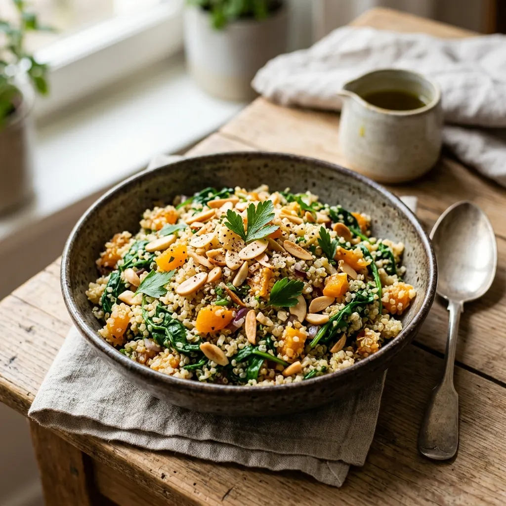 Quinoa aux épinards, abricots secs et amandes