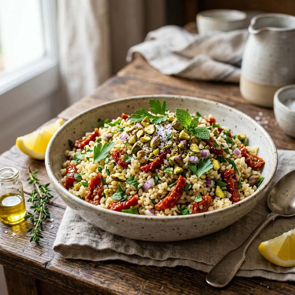 Salade de boulgour, tomates séchées et pistaches