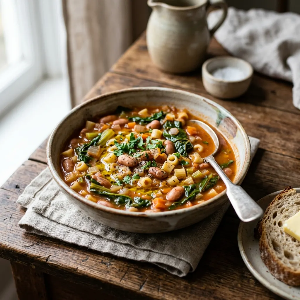 Soupe de haricots borlotti, blettes et pâtes