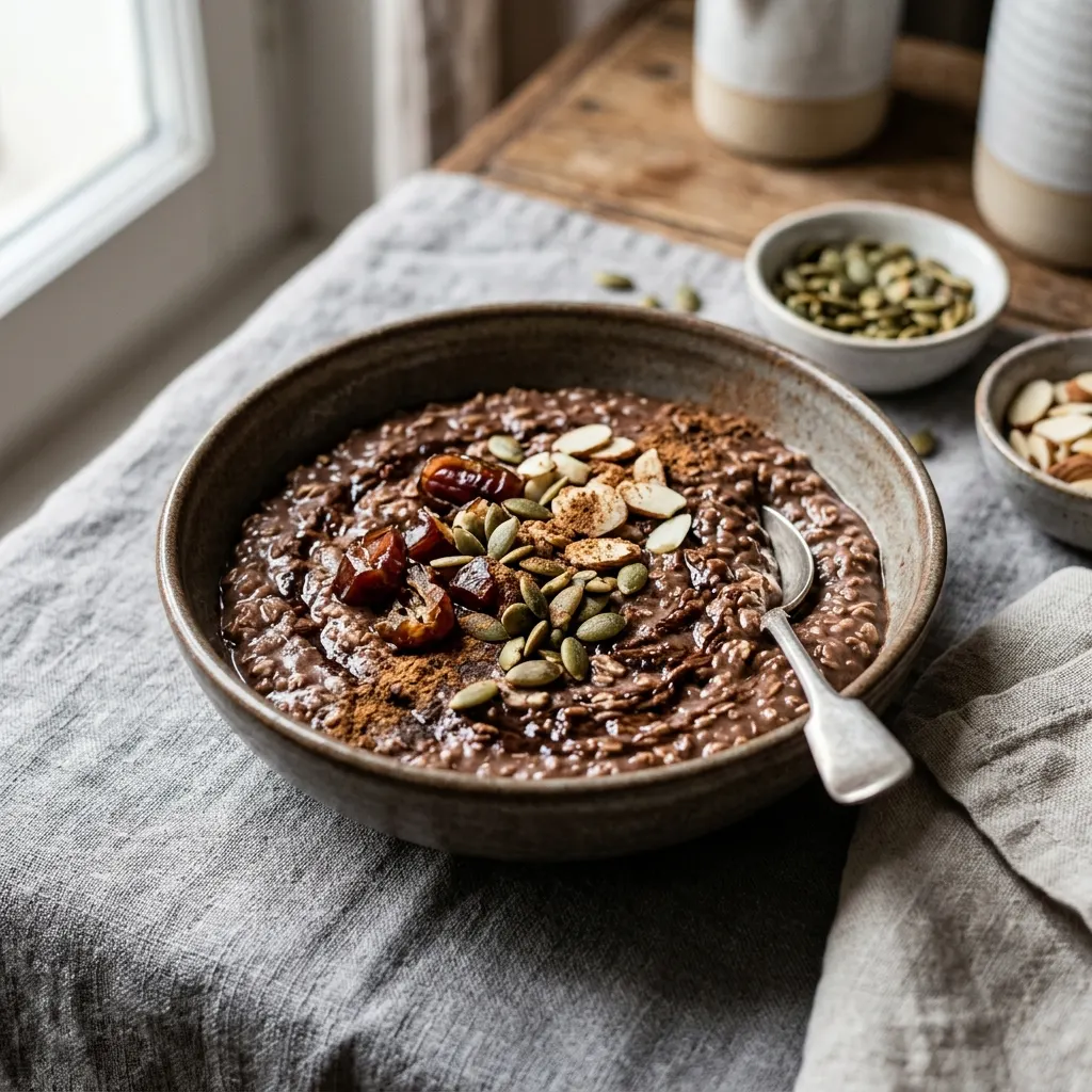 Porridge au cacao, dattes et graines de courge