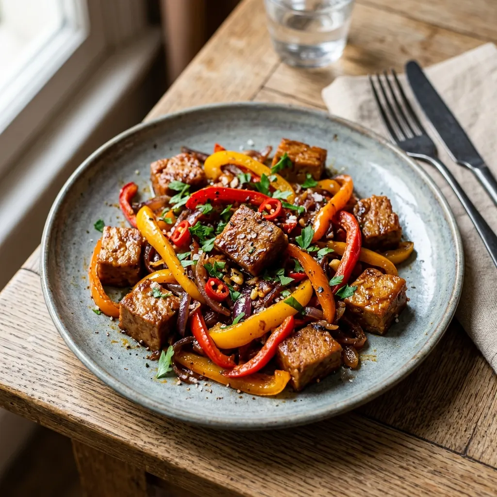 Seitan sauté aux poivrons et au paprika fumé