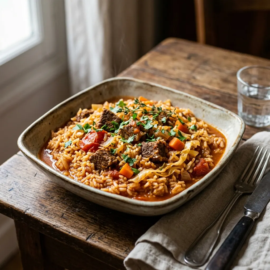 Riz Gras (riz mijoté à la viande et aux légumes)