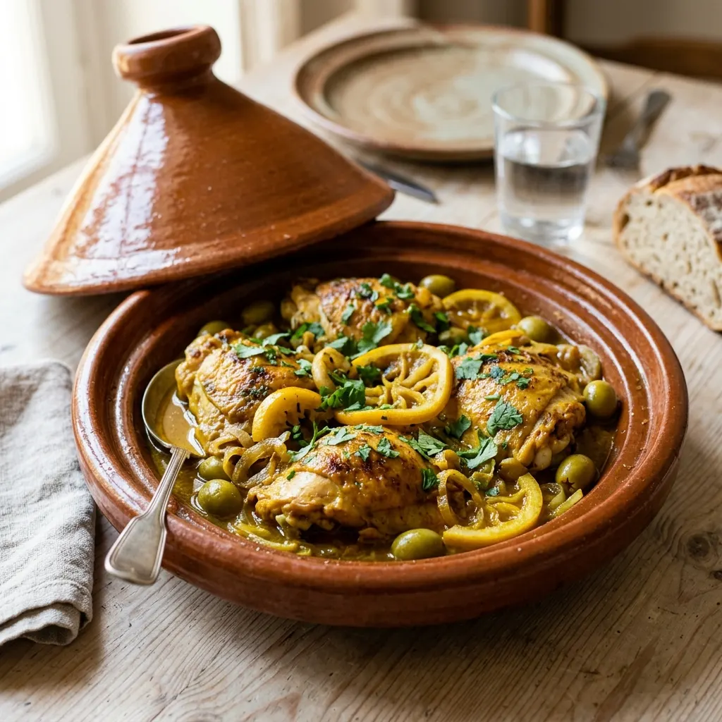 Tajine de poulet aux citrons confits et aux olives