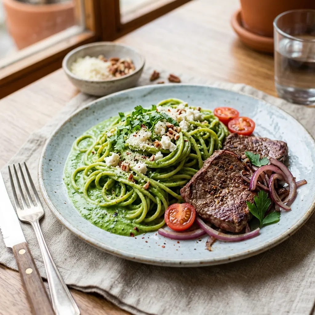 Tallarines verdes (pâtes à la sauce d'épinards, de basilic et de fromage frais)