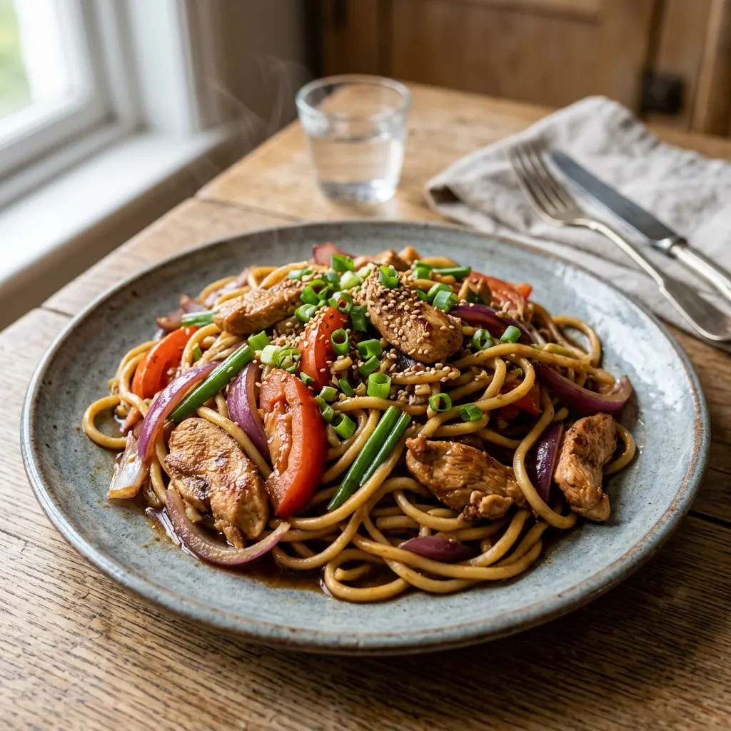 Tallarines saltados de pollo (nouilles sautées au poulet et à la sauce soja)