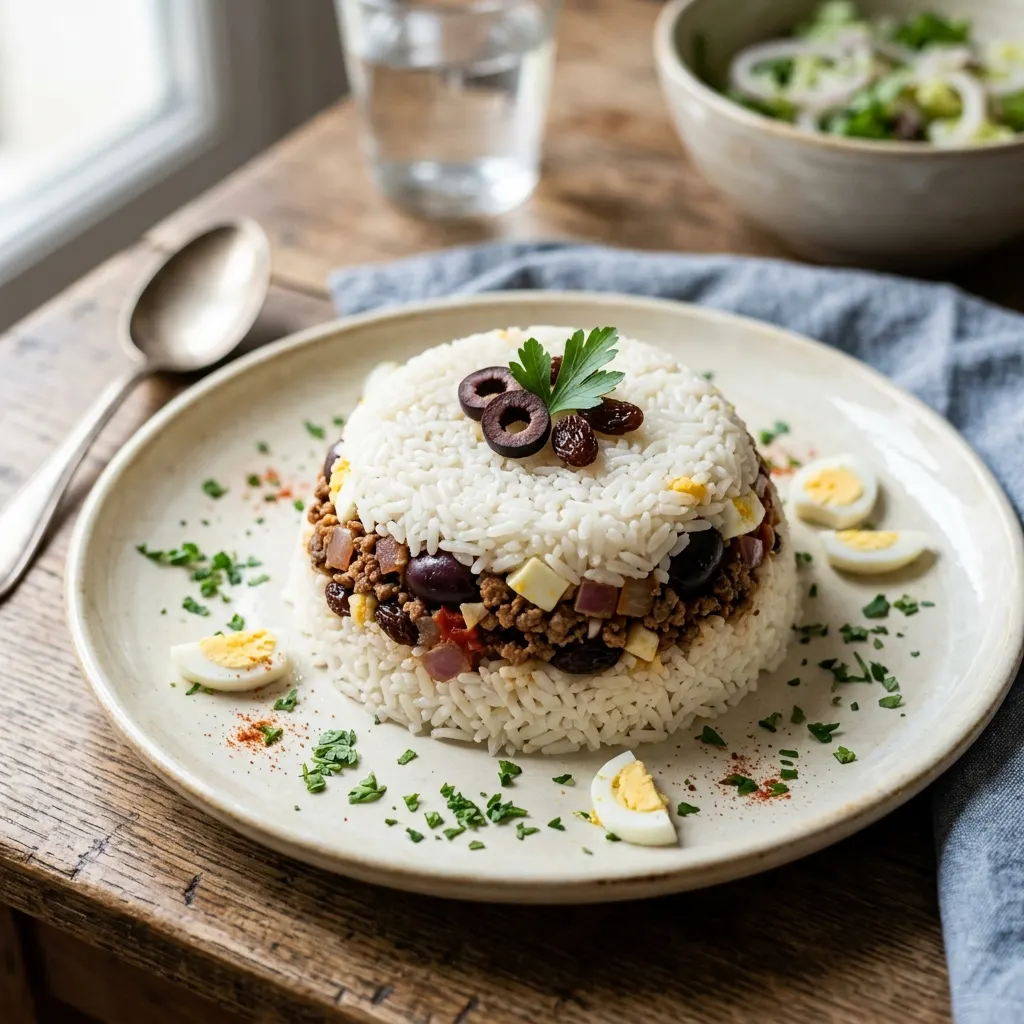Arroz tapado (riz moulé à la viande hachée, aux olives et aux raisins secs)