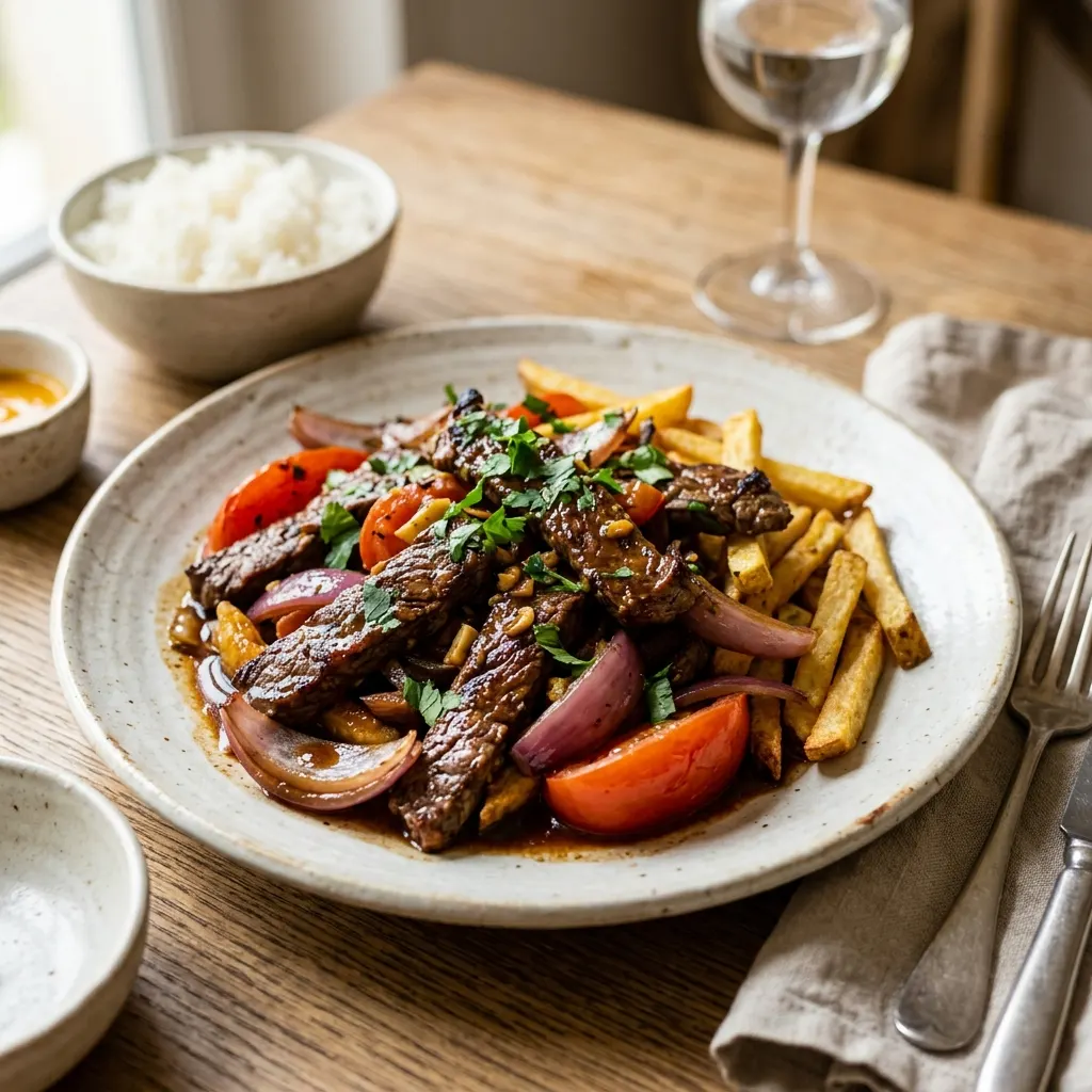 Lomo saltado (bœuf sauté aux oignons rouges et à la sauce soja)