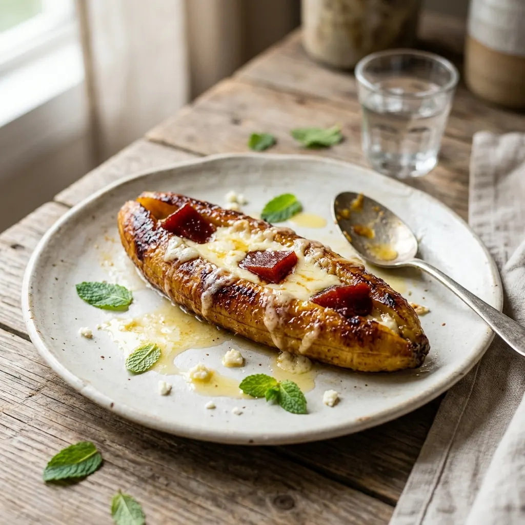 Plátano maduro asado con queso y bocadillo (banane plantain rôtie au fromage frais et à la pâte de goyave)